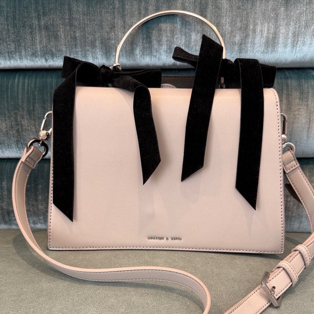 Charles & Keith Beige Satchel with Black Ribbon Accents